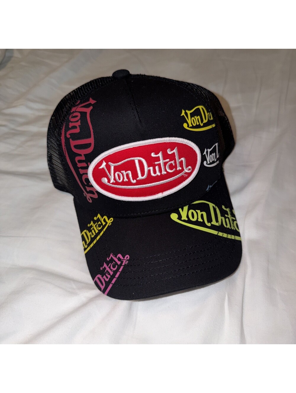 Von Dutch Trucker Hat Neon multi Black Embroidered Logo Patch Snapback Cap NWT